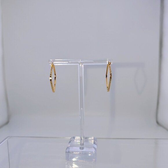 14K Yellow Gold Textured Diamond-Shaped Hoop Earrings Classic Jewelry - Picture 3 of 10